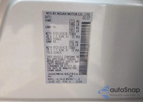 2017 Nissan Pathfinder Sl из США, поврежденный, VIN 5N1DR2MM5HC662954